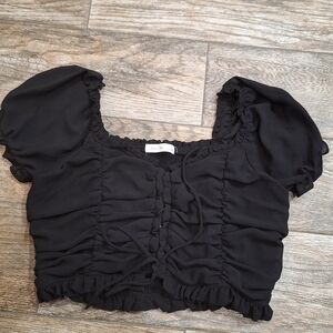Active USA Black Ruched Crop Top with Puff Sleeves